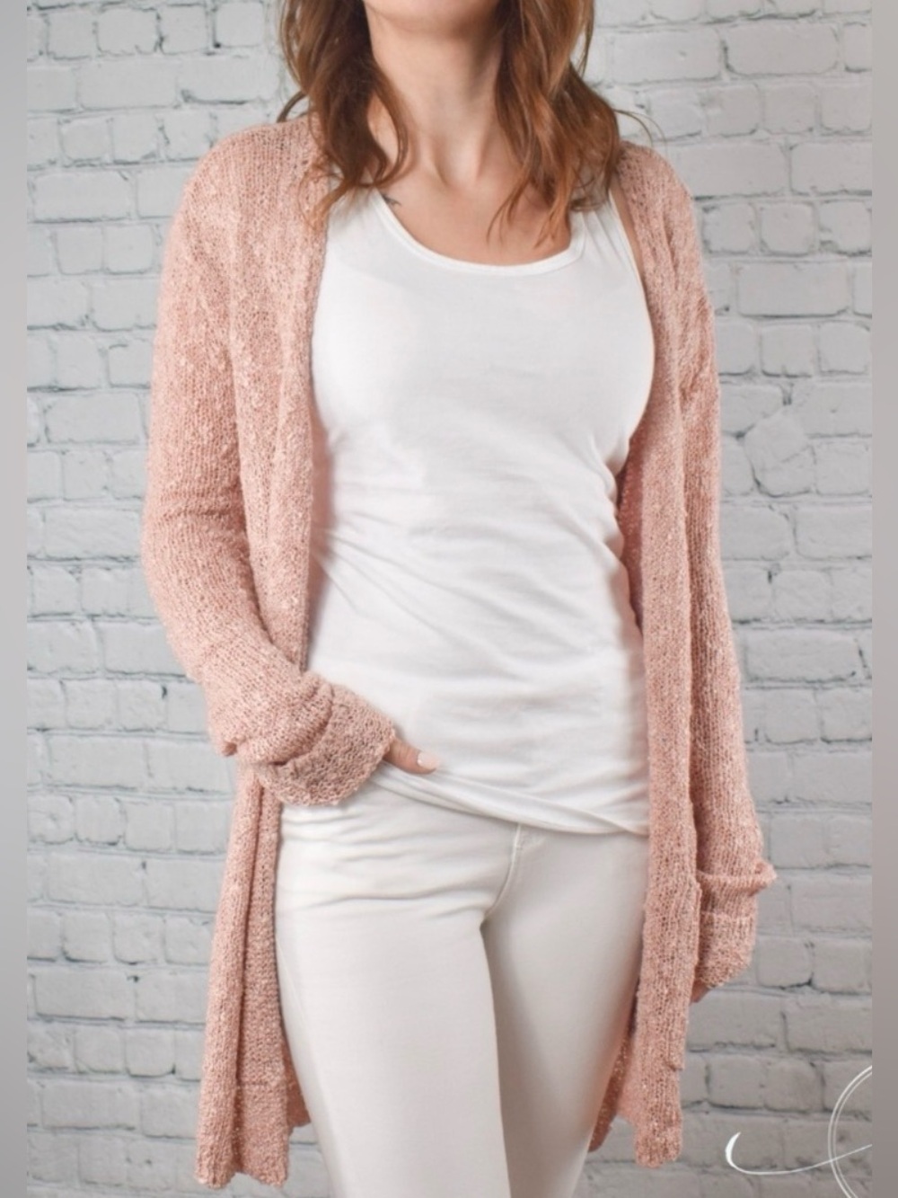 Dusty Peach Blush Lightweight Open Front Knit Cardigan with Pockets Size Large